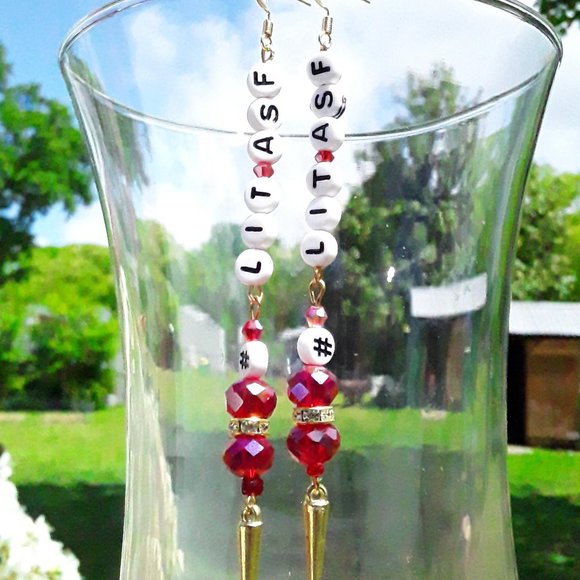 #LitAsF Handmade Earrings With Red Crystals - Picture 1 of 10